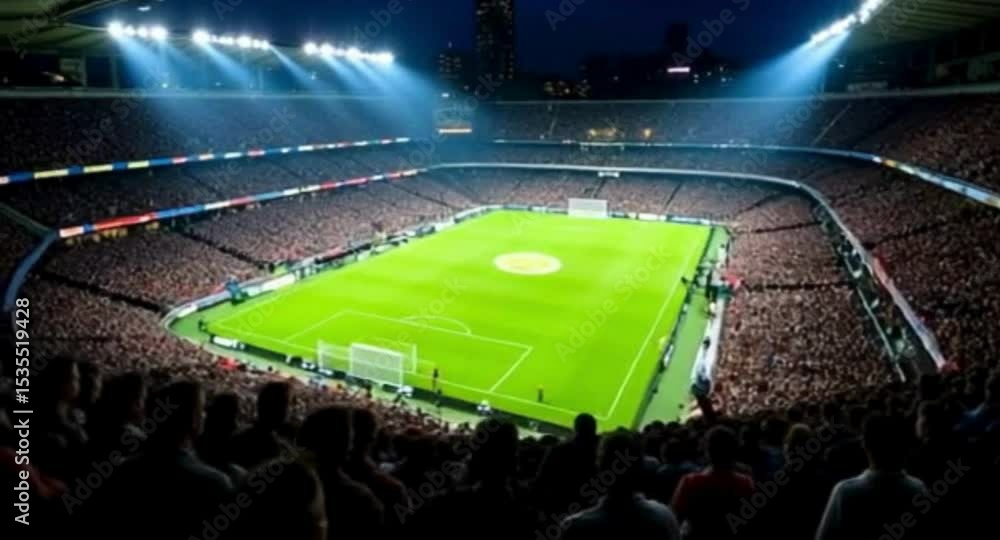 Packed soccer stadium at night with bright lights and excited fans in attendance Generative AI
