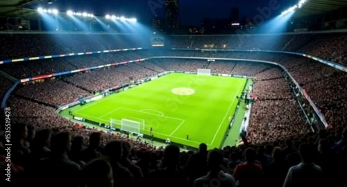 Packed soccer stadium at night with bright lights and excited fans in attendance Generative AI