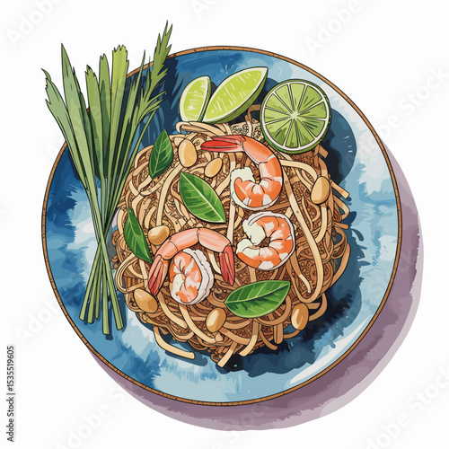 Pad Thai Noodles with Shrimp and Lime Watercolor Art