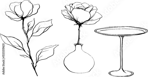Minimalist line art illustration set featuring floral elements and a taper holder for elegant decor