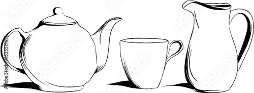 Elegant line art collection featuring tea kettle, cup, and milk jug - perfect for design and decor