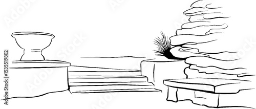 Minimalistic line art series depicting a terrace platform with architectural elements