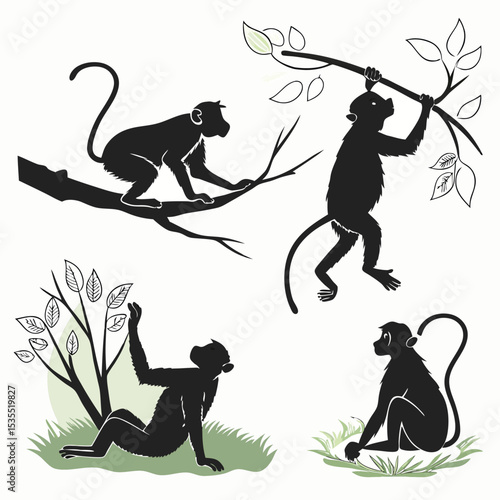 Silhouette illustration of four monkeys in various poses on branches and grass
