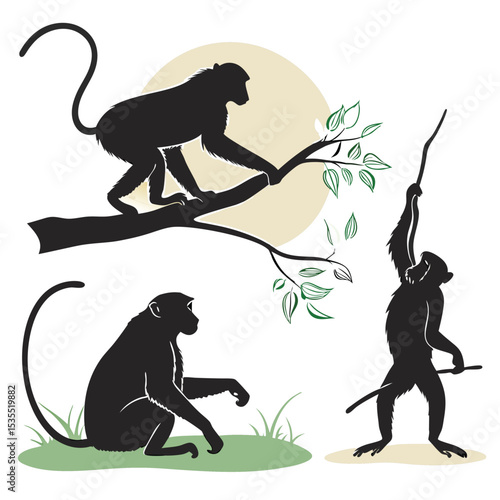 Silhouette illustration of monkeys in various poses depicting wildlife and natural environment
