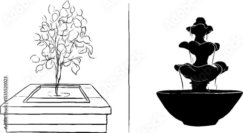 Line art illustration set of tiled courtyard with plant and fountain for design