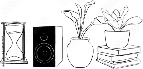 Minimalist line art set featuring hourglass, speaker, potted plants, and books