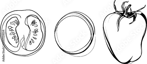 Minimalist line art set featuring tomato slice and whole tomato for kitchen decor