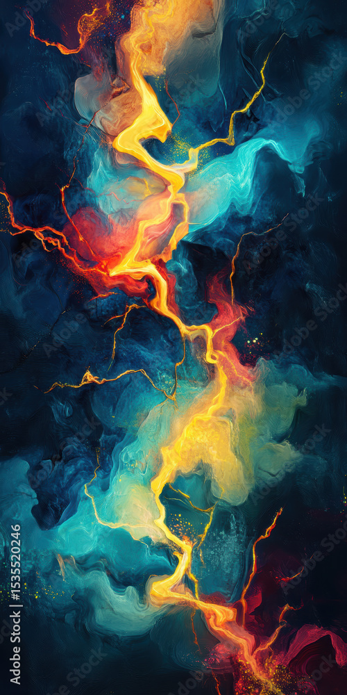 Fototapeta premium Abstract vibrant lightning storm with fiery orange yellow blue and black smoky clouds creating energetic dynamic composition for digital art design