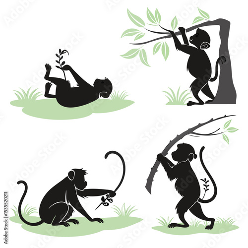Silhouette illustrations of playful monkeys in a forest setting with vegetation and branches