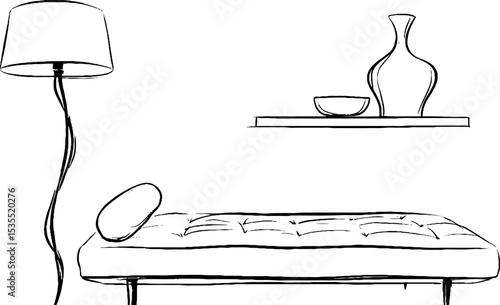 Minimalist line art illustration of tufted daybed with floor lamp and shelf decor