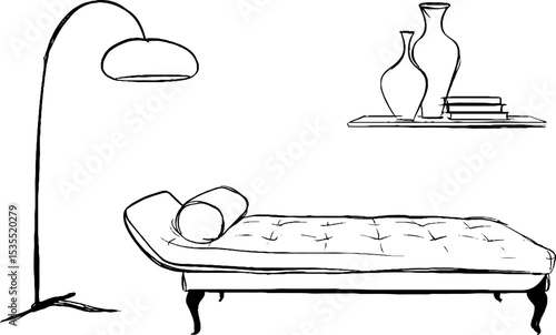 Elegant line art set featuring tufted daybed with decorative vases and books