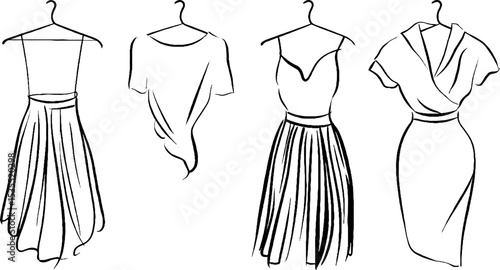 Elegant fashion line art: tulle skirt and ball gown dresses illustration set for design