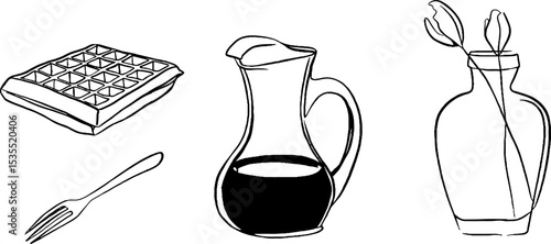 Minimalist waffle culinary art with syrup pitcher and vase for food and dining designs