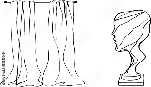 Minimalist home decor line art set featuring wall mirror and draped curtains
