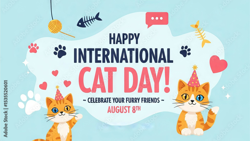Naklejka premium Happy International Cat Day Celebrate your furry friends this August 8th with adorable kittens wearing party hats