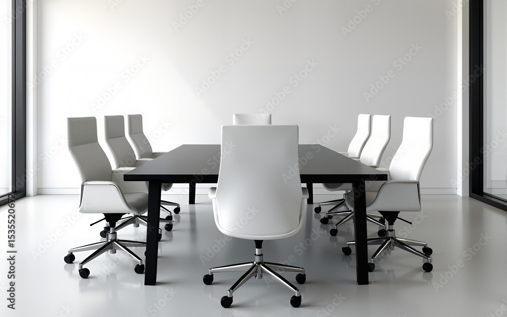 Modern Minimalist Meeting Room with Black Table and White Chairs. High quality Modern Minimalist Meeting Room with Black Table and White Chairs. High quality