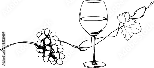 Elegant wine glass with grapes and vine line art illustration for decorative design