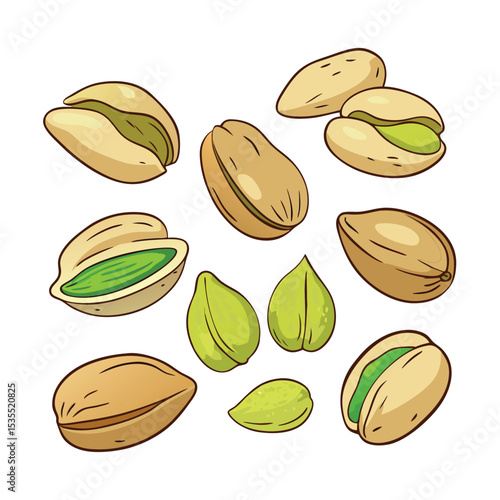 Delicious and nutritious hand drawn pistachios in various forms vector illustration on white background