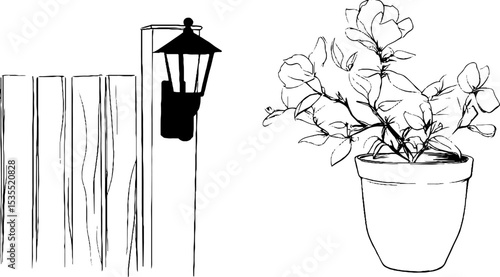 Elegant black and white line art of wooden picket gate with lantern and potted plant