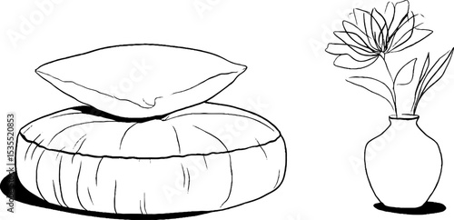 Minimalist line art of woven pouf and vase with blooming flower for design inspiration