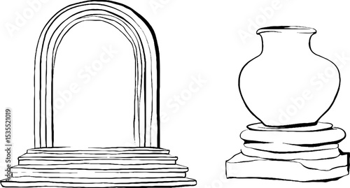 Architectural line art of arcaded wall and vase for design use