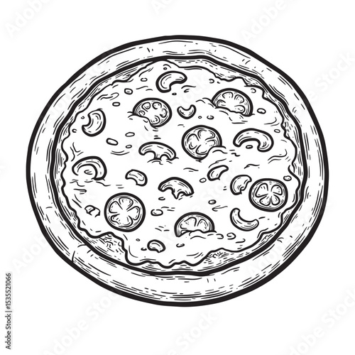 Hand drawn illustration of a pizza with mushroom and tomato toppings on a white background