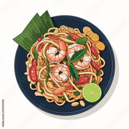 Pad Thai with Shrimp and Lime on Dark Plate