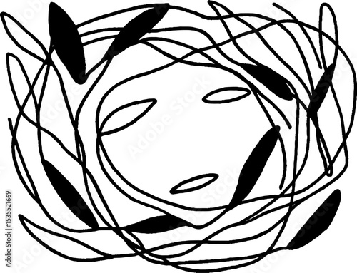 Abstract line art of circle with entangled vines and leaves