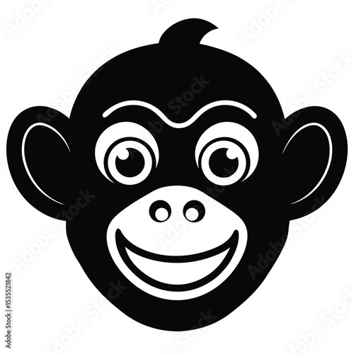 Smiling cartoon monkey head in bold black and white simple vector illustration