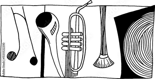 Musical instrument line art banner for creative design and music themes
