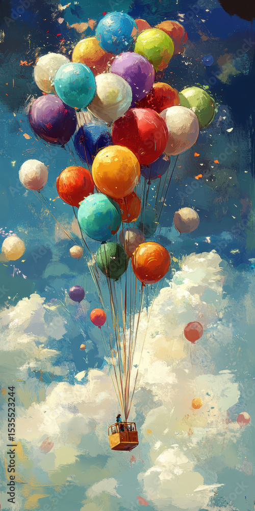 Fototapeta premium Vibrant colorful balloons floating high in the sky attached to a small basket, creating a whical and joyful scene with fluffy clouds and bright sunlight background
