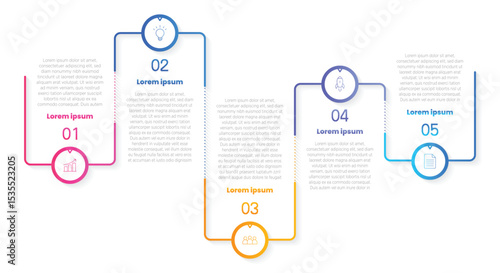 Modern Horizontal progress bar featuring 5 shaped elements, symbolizing the five stages of business strategy and progression. Clean timeline infographic design template. Vector for presentation