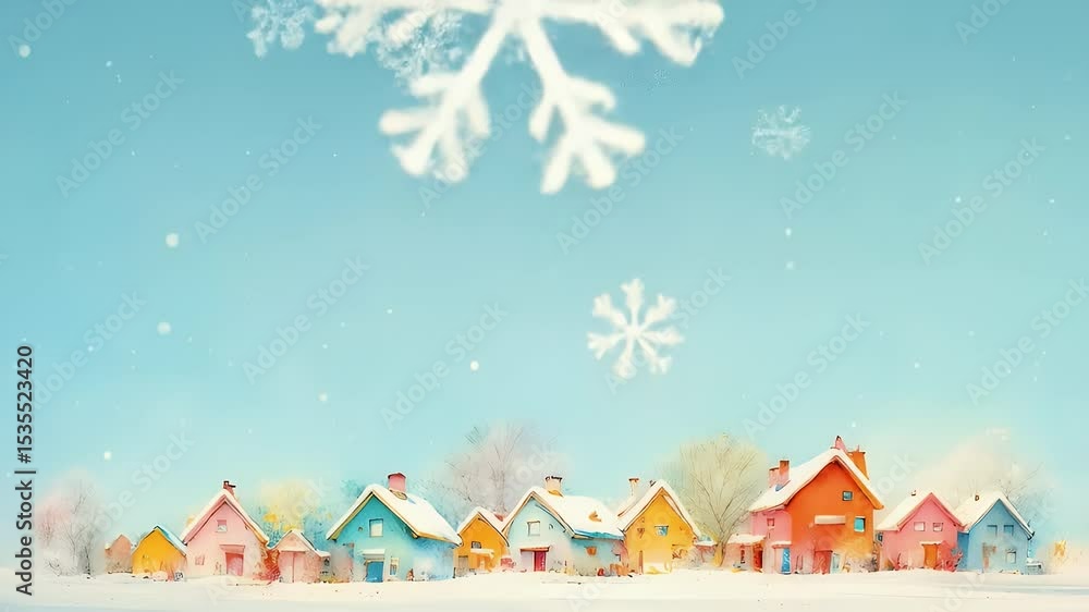 Watercolor Pastel Village with Snowy Roofs and Falling Snowflakes in Winter Scene Watercolor Pastel Village with Snowy Roofs and Falling Snowflakes in Winter Scene