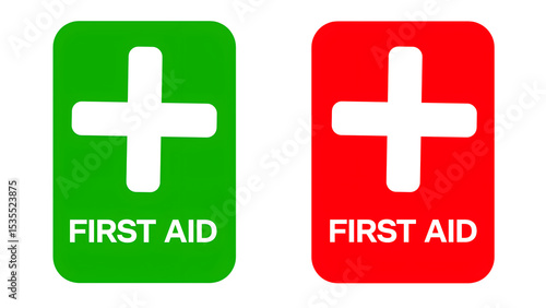 First aid sign in green and red 