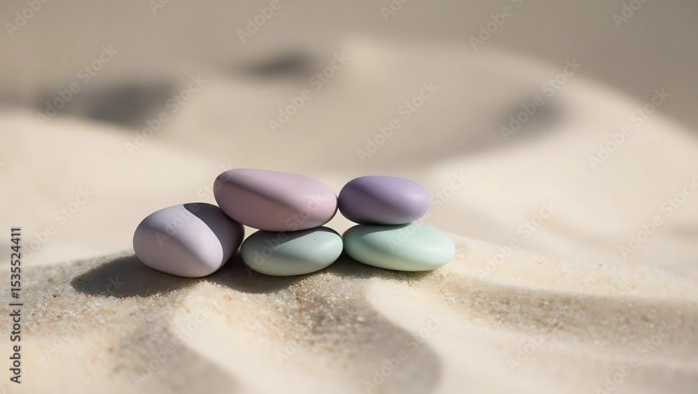 Obraz premium Small cluster of smooth pastel-colored stones lying neatly on pale sand in soft ambient light, minimalist and natural composition
