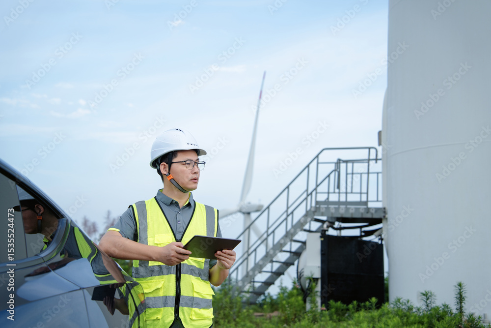 Asian engineers working in a wind power station Asian engineers working in a wind power station