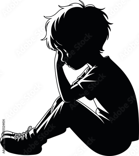 Side profile portrait silhouette of a boy sitting silhouette white background 