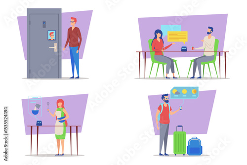Series of illustrated settings with individuals engaged in various activities. From welcoming someone at door to discussing ideas at table, everyone in relaxed atmosphere