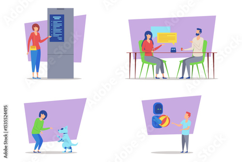 Diverse group activities showcasing individuals interacting with technology, each other, and pets in vibrant, playful environments