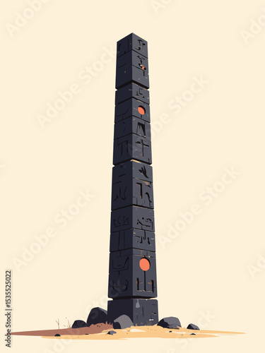  a tall ancient totem pole or pillar carved with minimal symbols from Greek, Norse, Egyptian, Aztec, Polynesian, Celtic, Hindu, and African mythology