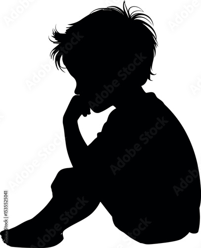 Side profile portrait silhouette of a boy sitting silhouette white background 