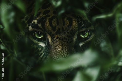 Jaguar eyes peering through leaves.