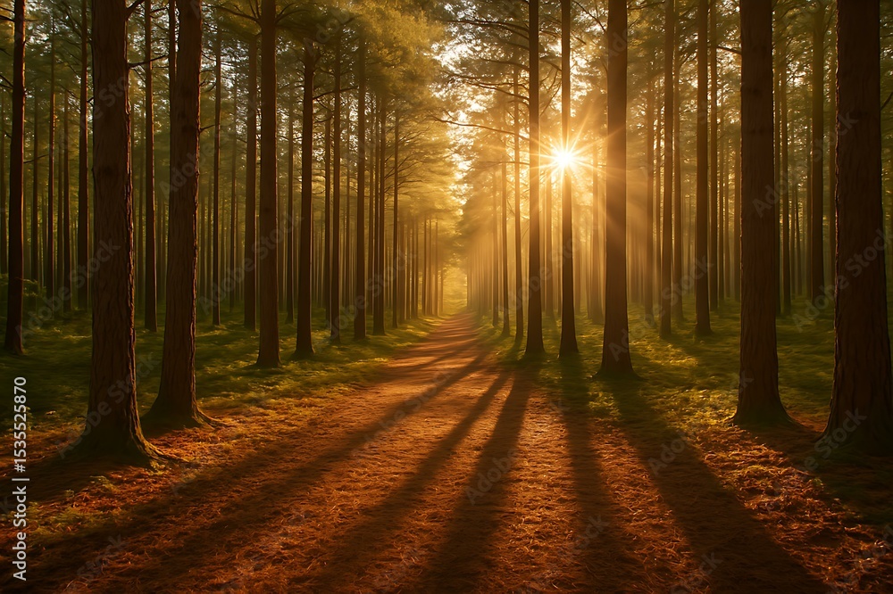 Fototapeta premium Pine Forest with Sunbeams Piercing Through Gaps Between Tall Trees