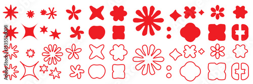 Brutalist abstract geometric shapes. Y2K Geometric design element shapes. Figures, stars, spiral flower and circles. Bauhaus memphis design geometric silhouette elements design