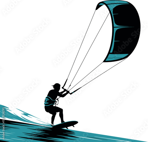Kitesurfing silhouette on white background 