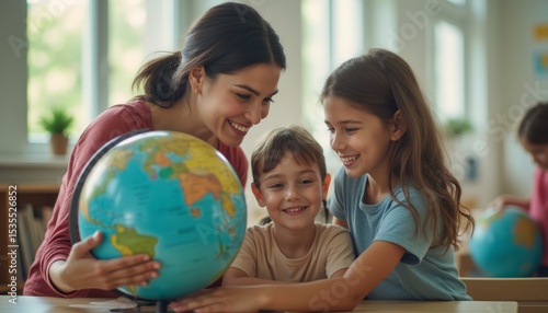 Joyful teacher and children exploring the globe