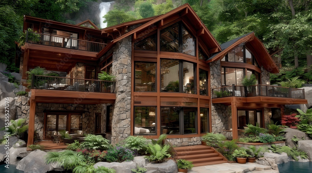 Naklejka premium Rustic wooden cabin house surrounded by lush green forest and stone landscaping in summer