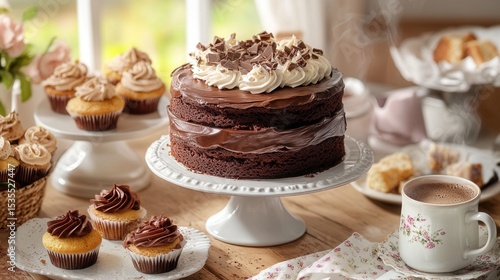 A delectable chocolate cake with whipped cream and nuts, surrounded by cupcakes and a steaming cup of coffee on a cozy table setting.
