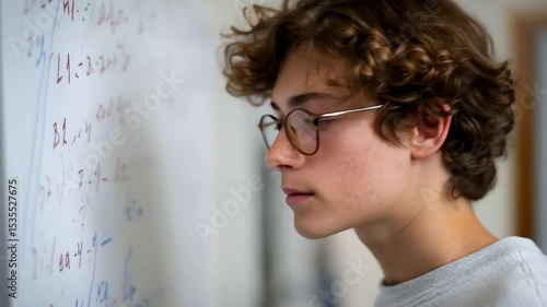 Thoughtful student solving complex equations on classroom whiteboard with intense focus
