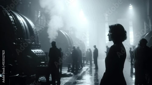 Silhouette of a Woman in a Monochrome Industrial Setting